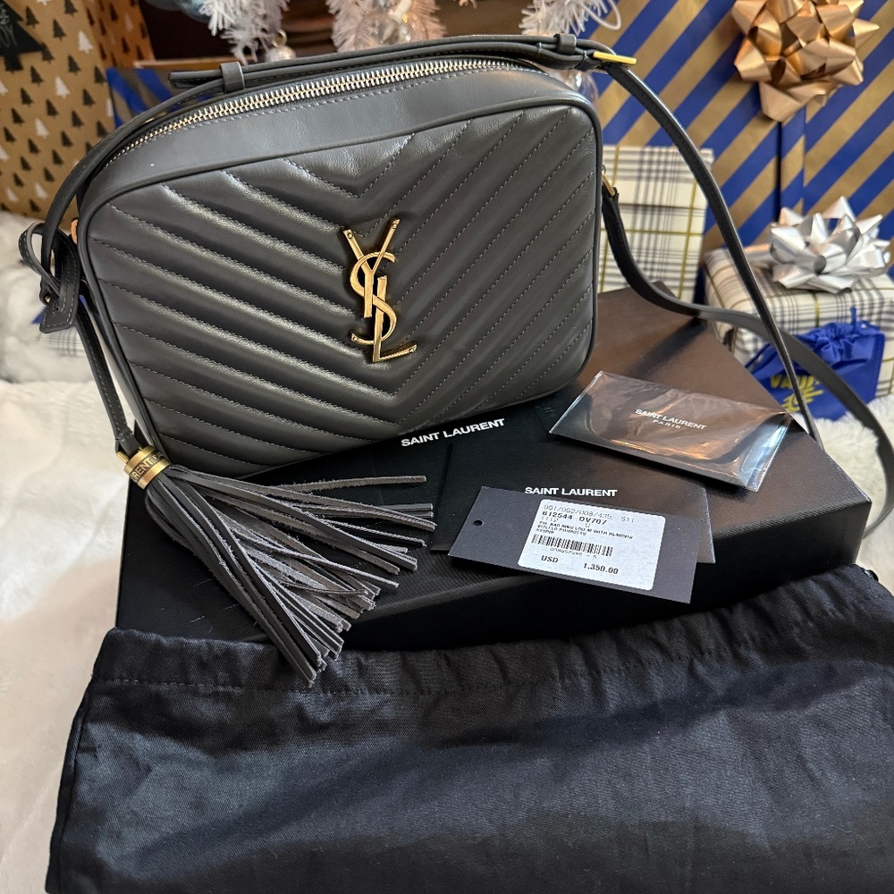 YSL Yves Saint Laurent Lou Camera Bag In Quilted Leather w/Tassel, in gray with